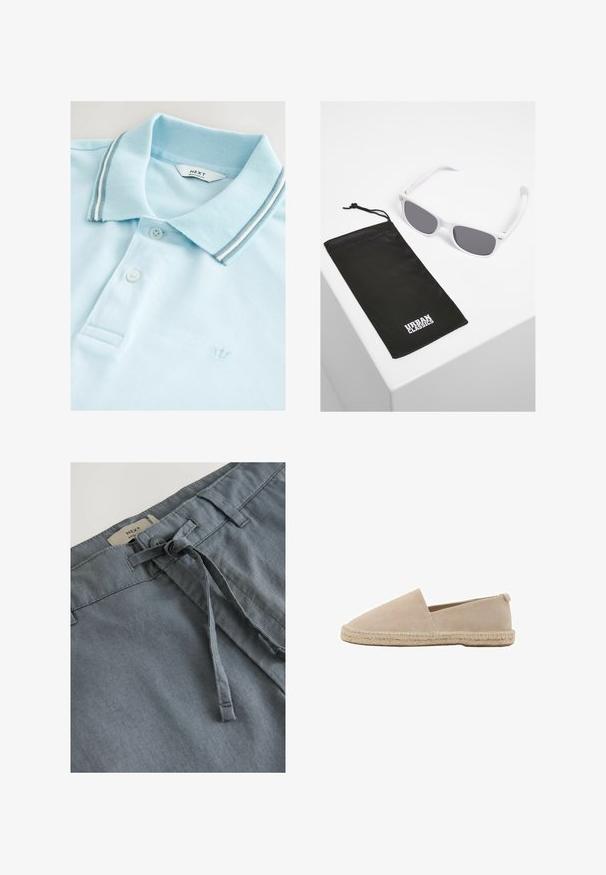Polo shirt azzurro chiaro realizzato in tessuto texture. Presenta un colletto classico con strisce grigie e bianche, due bottoni e un piccolo logo a corona.; Pantaloni corti grigi in tessuto con una morbida texture, dotati di un laccio annodato e passanti per cintura. L'etichetta indica il marchio "NEXT" sulla vita.; Espadrillas in suede beige con suola piatta, parte posteriore chiusa e rifinitura in juta intrecciata lungo il bordo. Silhouette semplice e classica senza adornamenti.; Occhiali da sole bianchi in plastica con lenti grigie accanto a una borsa in tessuto nera con il logo "URBAN CLASSICS" in lettere maiuscole bianche.