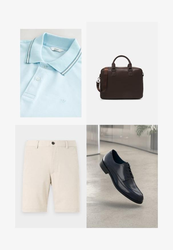 Svetlomodrá polo tričko vyrobené z textúrovanej tkaniny. Má klasický golier so šedými a bielymi pruhmi, dve gombíky a malé logo koruny.; Krémové šortky vyrobené z ľahkého materiálu, s predným zapínaním na gombík, pútkami na opasok a hladkou textúrou. Prítomný je rovný lem.; Lesklá čierna kožená obuv na šnurovanie, ktorá sa vznáša nad hladkým, svetlošedým podlahou a vertikálnymi kovovými tyčami v pozadí.; Hnedá kožená taška na laptop s textúrovaným povrchom, dvojitými hornými uchami, nastaviteľným popruhom a dvoma prednými prackami pre pridaný detail.