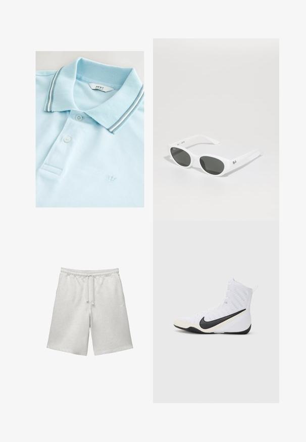 Jasnoniebieska koszulka polo wykonana z teksturowanej tkaniny. Posiada klasyczny kołnierz w szare i białe paski, dwa guziki oraz małe logo korony.; Jasnoszare bawełniane szorty z elastycznym pasem i sznurkiem. Posiadają luźny krój oraz gładki design bez dodatkowych wzorów czy akcentów.; Białe buty sportowe Nike z czarnym logo. Charakteryzują się wysokim cholewką, teksturowanym wierzchem i wytrzymałą gumową podeszwą.; Białe okulary przeciwsłoneczne z zaokrąglonymi oprawkami i ciemnymi soczewkami. Wyróżniają się gładką plastikową teksturą i małym logo na zausznicy.