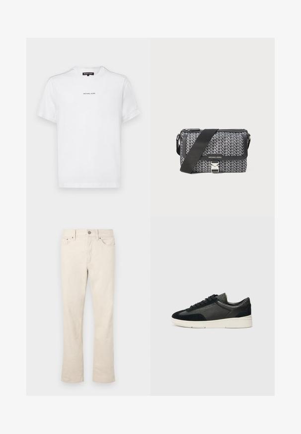 Witte katoenen t-shirt met korte mouwen, voorzien van een ronde hals en een klein "MICHAEL KORS" logo in zwarte kleur gedrukt op de borst.; Beige, katoenmix jeans met een rechte pijp. Voorzien van een sluiting met knoop en ritssluiting, vijf zakken en subtiele stikdetails.; Lage sneakers met een mix van zwart suède en gestructureerd leer, een witte rubberen zool en zwarte veters. Subtiele branding aan de zijkant.; Zwart en grijs gestreepte schoudertas met een geometrisch ontwerp, ritsluiting en een accent van zilverkleurig beslag. Inclusief verstelbare schouderriem.