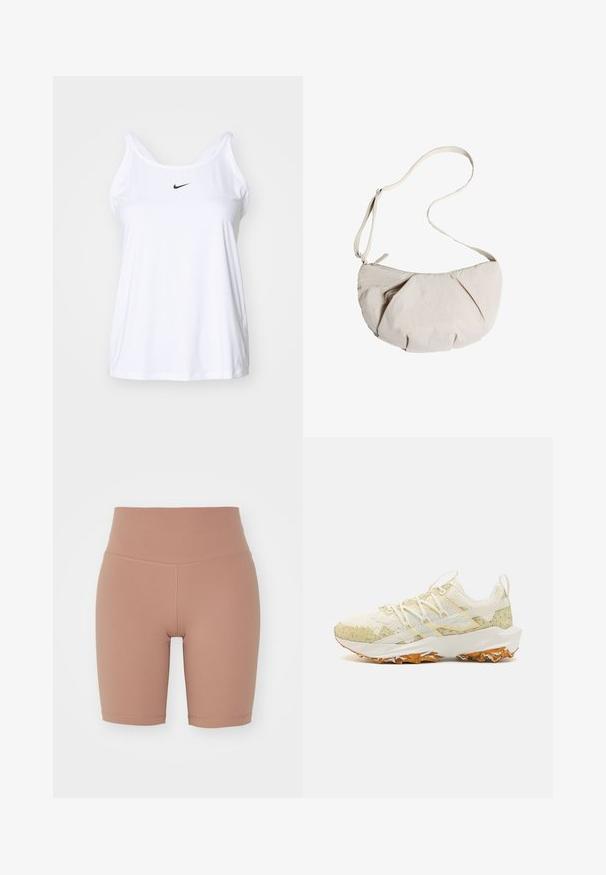 Witte mouwloze sporttop gemaakt van lichtgewicht stof. Voorzien van een ronde halslijn en een klein zwart Nike-logo op de voorkant.; Hoge taille fietsbroek in een beige kleur, gemaakt van rekbaar materiaal, met een gladde textuur en schone naden voor comfort en pasvorm.; Atletiek schoenen in lichtcrème met gespikkelde groene accenten. Voorzien van een mesh bovenkant, een gestructureerde rubberen zool en platte veters.; Lichtbeige stoffen schoudertas met een geplooid ontwerp, verstelbare schouderriem en een ritsluiting. Zachte textuur, ronde vorm, minimalistische stijl.