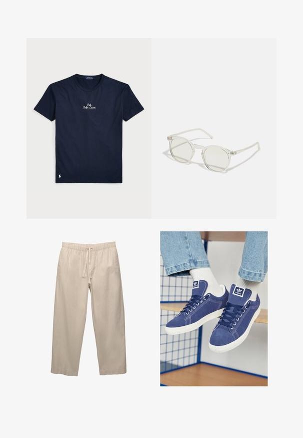 Námornícky modré bavlnené tričko s krátkymi rukávy, okrúhlym výstrihom a vyšívaným logom "Polo Ralph Lauren" na prednej strane a malým bielym logom koňa na leme.; Béžové, ľahké, bavlnené nohavice s elastickým pásom a šnúrkou. Široké nohavice s rolovanými lemami. Hladký povrch, minimálne detaily.; Námornícky modré tenisky Adidas vyrobené z semišu, s bielymi gumovými podrážkami, okrúhlymi špičkami a logom na jazyku. Viditeľné jasne biele ponožky.; Kruhové slnečné okuliare s priehľadným rámom, svetlozelenými sklami a tenkými, priehľadnými stranami. Rám obsahuje jemné kovové akcenty.
