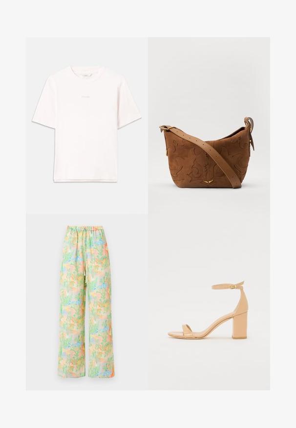 Vaaleanpunainen lyhythihainen t-paita, joka on valmistettu puuvillasta. Paidassa on pyöreä kaula-aukko ja rintaan kirjailtu logo hillityssä sävyssä.; Housut, joissa on leveät lahkeet ja kevyttä kangasta, joissa on vaaleat kalojen ja kasvien kuviot. Nastaselkä, jossa on kiristysnyöri.; Nude lakattu nahkasaappaat, joissa on neliön muotoinen kärki, nilkkahihna ja raskas lohkolohko. Tasainen pinta ja minimimuotoilun yksityiskohdat.; Ruskea mokkasiiniolkalaukku, jossa on kohokuvioitu kukkakuvio, jota täydentävät sileä ruskea nahkaremmi ja kultasävyiset yksityiskohdat.