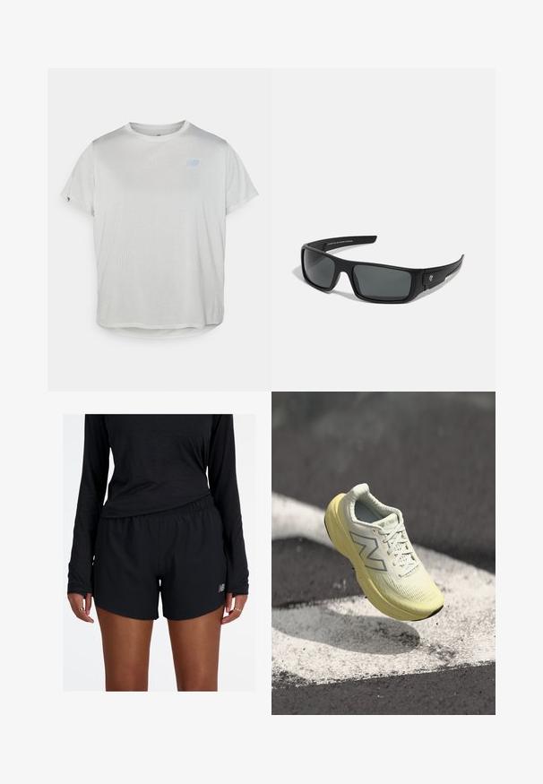 Világosszürke, rövid ujjú sportpóló, texturált hálós anyagból, amelyen finom kék logó található az elején. Lekerekített aljú.; Fekete sportnadrág rugalmas derékkal és visszaverős logóval. Az anyaga könnyűnek és simának tűnik, laza szabással.; Világos sárga futócipő textúrázott felsőrésszel, fűzőkkel és párnázott talppal. Az oldalán ezüst logó található, és árnyalt dizájnnal rendelkezik.; Fekete napszemüveg téglalap alakú kerettel, sötétszürke lencsékkel és sima műanyag bevonattal. Jeles logó hangsúly a szélén.