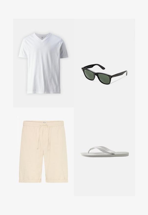 Biele tričko s krátkym rukávom a výstrihom do V vyrobené z bavlny. Má jednoduchý design s hladkou textúrou a voľným strihom.; Béžové bavlnené šortky s elastickým pásom, nastaviteľnou šnúrkou a rolled hem, navrhnuté na každodenné nosenie.; Biele šľapky s textúrovanou podrážkou a dvoma tenkými remienkami. Remienky sú hladké s jemným brandingom. Bez vzorov alebo ďalších akcentov.; Čierne plastové slnečné okuliare so zelenými šošovkami, štvorcové rámy, strieborný akcent na obočí a textúrované ramenné opierky. Brand uvedený na vnútornej strane ramien.