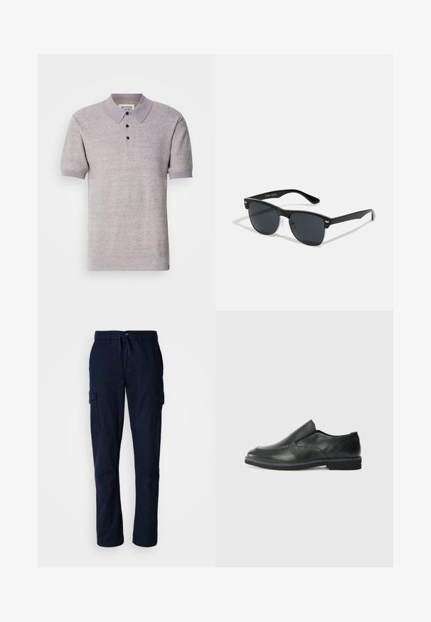 Scotch & Soda TONE ON TONE STRIPED REGULAR FIT - Polo - grey melange; Calças cargo azul-marinho feitas de tecido resistente, com dois bolsos laterais e uma cintura ajustável com cordão.; Sapato slip-on preto em pele com um upper liso, acabamentos cosidos, bico arredondado e um salto de borracha baixo. A sola apresenta um padrão de aderência mínimo.; Óculos de sol pretos com forma retangular, lentes escuras, detalhes em prata nas hastes e um acabamento mate na armação.