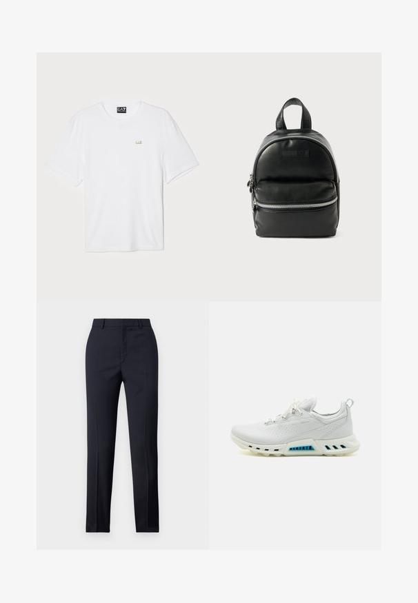 Valge puuvillane t-särk lühikeste varrukatega, ümmarguse kaelusega, millel vasakul rinnal on väike kuldne EA7 logo.; Tumed kohandatud püksid sirge lõikega, millel on sile tekstuur, kaks esist taskut ja puhas vöökoht.; Valged sportlikud kingad siledast sünteetilisest materjalist, perforeeritud kujundustega ja helesiniste aktsentidega. Paks tald, kus on ventilatsiooniaugud.; Must musta seljakott ümmarguse kujuga, lukuga esikott ja kaks pealmist käepidet. Omab hõbedased metalldetailid ja sujuvat tekstuuri.