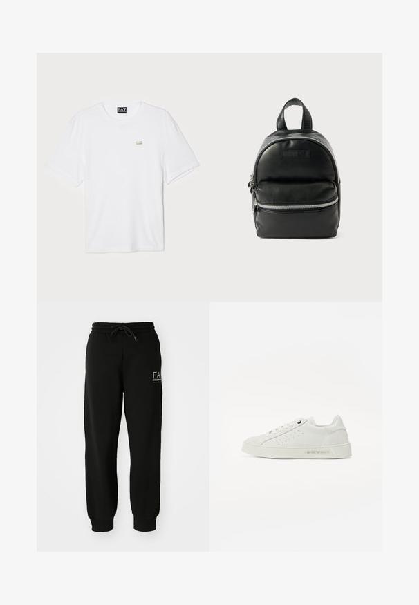 Biele bavlnené tričko s krátkymi rukávmi a okrúhlym výstrihom, s malým zlatým logom EA7 na ľavej strane hrudníka.; Čierne jogger nohavice vyrobené z jemnej zmesi bavlny, s elastickým pásom, šnúrkou na stiahnutie a zužujúcimi sa manžetami na členkoch. Obsahujú predný detail loga.; Biele kožené tenisky s hladkým povrchom, okrúlym špičkou, perforovanými detailmi po stranách a gumovou podrážkou so značkou.; Čierny kožený batoh s okrúhlym tvarom, prednou vreckom na zips a dvojitými hornými rukoväťami. Obsahuje strieborné kovanie a hladkú textúru.