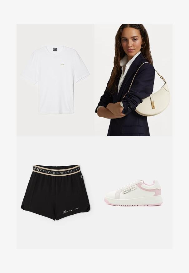 Camiseta de algodón blanca de manga corta, con cuello redondo, que presenta un pequeño logo dorado de EA7 en la parte izquierda del pecho.; Pantalones cortos deportivos negros con una cinturilla elástica beige en contraste que presenta texto y logo de la marca, dos bolsillos laterales y una textura suave.; Zapatilla blanca con acentos rosas, que presenta una parte superior de cuero suave, panel de ante y un detalle de cremallera metálica. Suela de goma con agarre.; Bolso de mano de cuero blanco con forma curva, herrajes dorados y un acabado texturizado, llevado sobre un blazer oscuro y una camisa blanca.