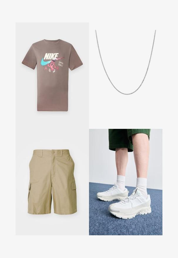 T-shirt de algodão castanho com um gráfico colorido de um personagem com óculos de sol, ao lado dos logos da Nike e da Air em cores contrastantes.; Nike Sportswear CLUB - Calções - khaki; Sapatos atléticos brancos com sobreposições texturizadas, sola espessa e detalhes em cinza. Usados com meias brancas até ao tornozelo e calções verdes sobre uma superfície azul.; Colar de corrente de prata com um design de elos planos, redondos e suaves. Apresenta um acabamento brilhante e mede aproximadamente 20 polegadas de comprimento.