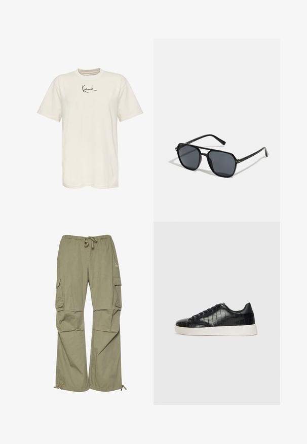 Kremfarget bomulls T-skjorte med korte ermer, rund hals og en liten svart signaturlogo på venstre bryst. Glatt tekstur, vanlig passform.; Cargo bukser i olivengrønt, lavet af letvægtsstof, med elastisk talje, justerbare ærmer og flere sidelommer.; Svarte joggesko med en teksturert krokodille-embossed læroverdel, rund tå og en kontrasterende hvit gummisåle med en glatt overflate.; Sorte solbriller med ottekantet ramme, mørke linser, blank finish, tynde stænger og guld accenter på fronten.