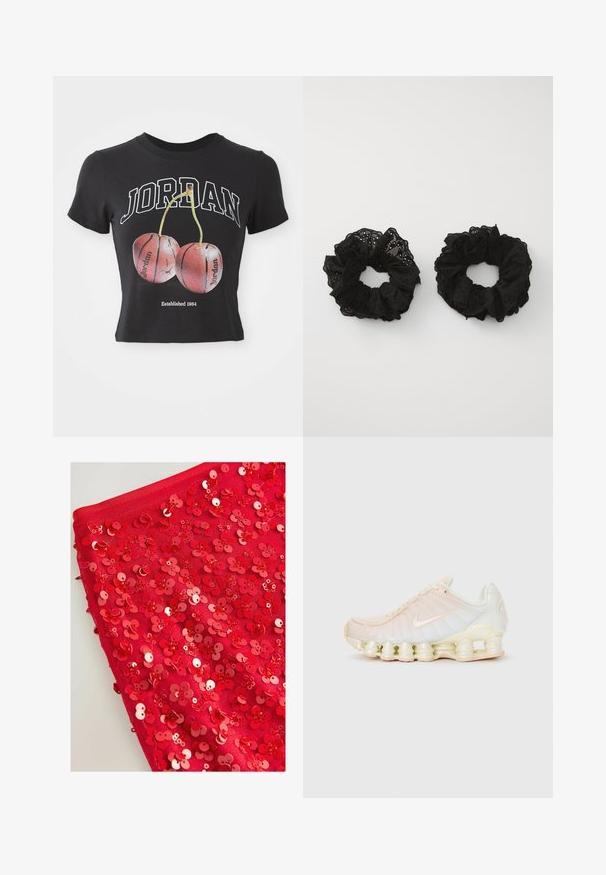 Čierne bavlnené krátke tričko s nápisom "JORDAN" na bielom pozadí, s grafikou dvoch červených čerešní pripomínajúcich basketbalové lopty. Akcenty obsahujú nápis "Založené 1984."; Červená látka pokrytá lesklými červenými flitrami v tvare kvetov, s rôznymi veľkosťami a textúrami, vytvárajúca vrstvený a textúrovaný vzhľad.; Tenisky Nike s priesvitným zvrškom v jemných pastelových odtieňoch, textúrovanými panelmi a charakteristickou komfortnou podošvou z vrstvených segmentov.; Čierne tkaninové gumičky na vlasy s nariasenou Textúrou, s výšivkovými vzormi. Dva rozmeryd, obidve sú mäkké a majú jemný povrch.