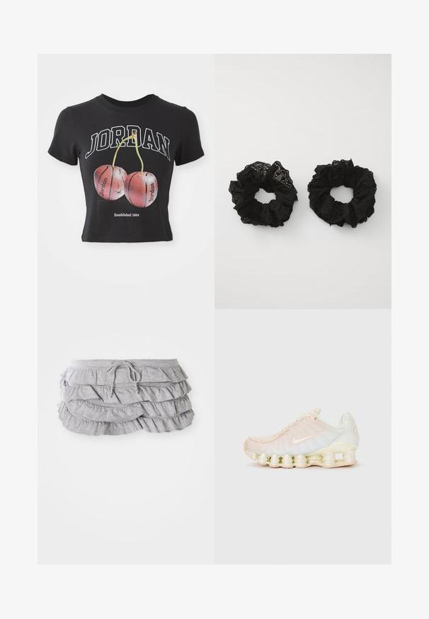 T-shirt cropped preto em algodão com "JORDAN" em branco, acompanhada de uma ilustração de duas cerejas vermelhas que se assemelham a bolas de basquete. Detalhes incluem "Estabelecido em 1984."; Saia cinza com pregas, design de tecido em camadas, cintura com cordão, textura suave, bordas acabadas e babados em cascata.; Tênis Nike com um upper translúcido em suaves tons pastel, painéis texturizados e uma sola acolchoada distinta composta por segmentos empilhados.; Fivelas de tecido preto com uma textura franzida, apresentando padrões de ilhós. Dois tamanhos, ambos macios, com um acabamento delicado.