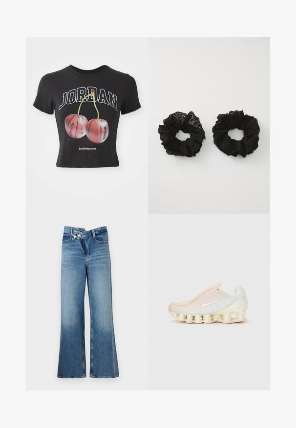 T-shirt cropped preto em algodão com "JORDAN" em branco, acompanhada de uma ilustração de duas cerejas vermelhas que se assemelham a bolas de basquete. Detalhes incluem "Estabelecido em 1984."; Jeans de ganga azul claro, flare, com uma cintura alta, apresentando dois botões e bolsos frontais. O tecido tem uma textura desbotada com variações subtis.; Tênis Nike com um upper translúcido em suaves tons pastel, painéis texturizados e uma sola acolchoada distinta composta por segmentos empilhados.; Fivelas de tecido preto com uma textura franzida, apresentando padrões de ilhós. Dois tamanhos, ambos macios, com um acabamento delicado.