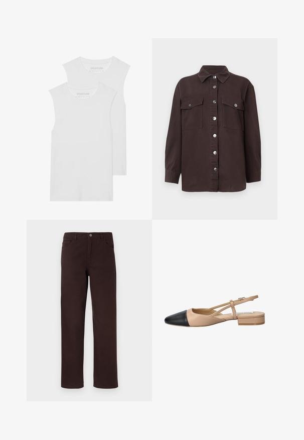 Two white sleeveless T-shirts made of soft cotton fabric, featuring a rounded neckline and no visible patterns or hardware.; Dark brown shirt jacket made of cotton, featuring a collar, front button closure, two chest pockets, and silver buttons. Long sleeves.; Brown cotton pants with a straight-leg design, two front pockets, and a button closure at the waistband. Smooth texture with no visible patterns.; Beige and black two-tone slingback shoe with a pointed toe, flat heel, and crisscross strap detail. Smooth leather texture.