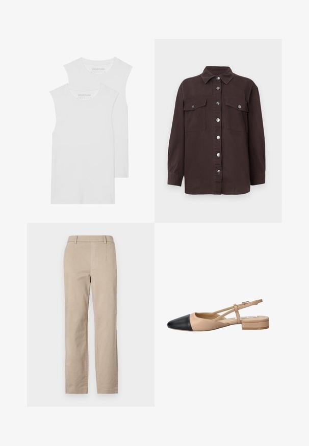 Dwie białe bezrękawniki z miękkiej bawełny, z okrągłym dekoltem i bez widocznych wzorów czy dodatków.; Ciemnobrązowa koszula- kurtka z bawełny, z kołnierzem, z przodem zapinanym na guziki, z dwoma kieszeniami na piersi oraz srebrnymi guzikami. Długie rękawy.; Beżowe bawełniane spodnie o prostym kroju, z paskiem na pasek i brakiem widocznych zdobień czy wzorów.; Beżowo-czarny, dwukolorowy but na pasku z wąskim noskiem, płaskim obcasem i szczegółowym krzyżującym się paskiem. Gładka skórzana faktura.
