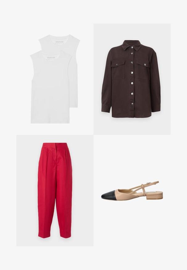 Divi baltie bezstaru T-krekli, kas izgatavoti no mīksta kokvilnas auduma, ar noapaļotu kakla izgriezumu un bez redzamām rakstām vai metāla elementiem.; Tumši brūnas kokvilnas krekla jakas, ar apkakli, priekšējo pogu aizdari, divām krūšu kabatām un sudraba pogām. Garās piedurknes.; Sarkanie lina bikses ar augstu jostasvietu, krokām priekšpusē un sašaurinātiem piedurknēm. Gluda tekstūra un minimālistisks dizains, bez redzamām detaļām vai rakstiem.; Beidzējais un melns divu tonā sūkņis ar norāvu, ar norādītu pirkstu, plakanu papēdi un krustojuma siksnu detaļu. Gluda ādas tekstūra.