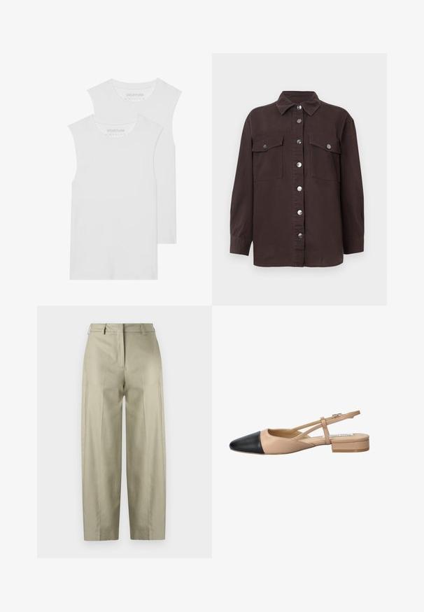 Dve biele tielka bez rukávov vyrobené z jemnej bavlny, s okrúhlym výstrihom a bez viditeľných vzorov či kovových prvkov.; Tmavohnedá košeľa-jacket z bavlny, s golierom, predným zapínaním na gombíky, dvomi náprsními vreckami a striebornými gombíkmi. Dlhé rukávy.; Bežové nohavice s širokými nohavicami vyrobené z hladkej tkaniny. Obsahujú záhyby, zapínanie na zips a pútka na opasok. Rovný strih od pása po lem.; Bežovo-čierne dvojfarebné slingback topánky s špicatou špičkou, plochým podpätkom a prekríženými detailmi remienkov. Hladká kožená textúra.