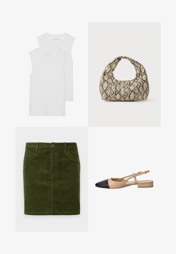 Dvě bílé tílka bez rukávů vyrobená z měkké bavlněné tkaniny, s kulatým výstřihem a bez viditelných vzorů nebo kovových prvků.; Tmavě zelená kordurová sukně s rovným střihem, která má pět kapes a kovové zapínání na knoflík v pase.; Beige a černé dvoubarevné slingback boty s špičatou špičkou, plochým podpatkem a křížovými popruhy. Hladká kožená textura.; Kabelka s hadím vzorem a zakřiveným držadlem. Vyrobena z texturovaných béžových a hnědých materiálů, s charakteristickým diamantovým vzorem.