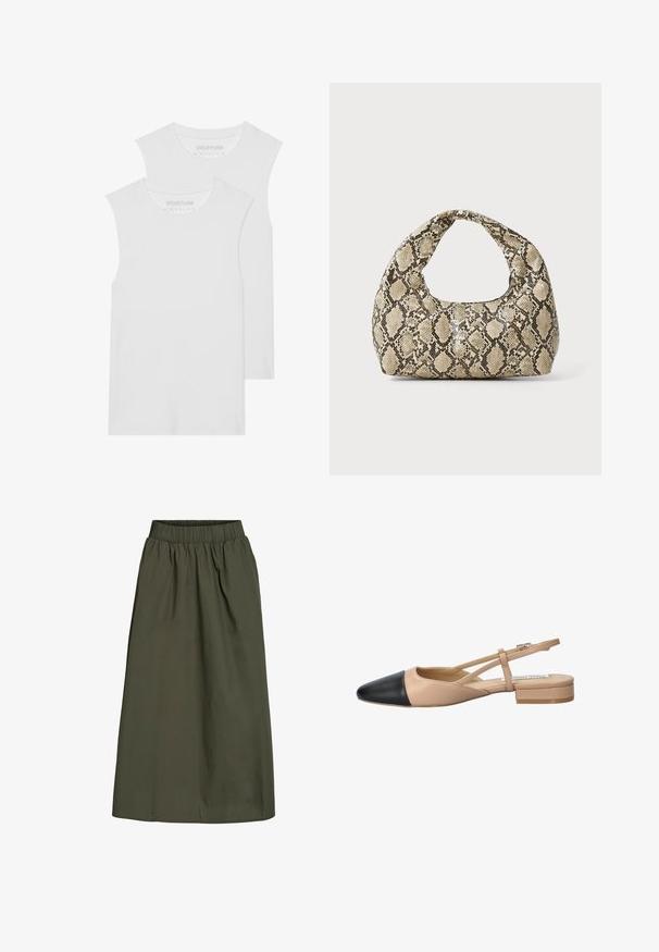 Dve biele tielka bez rukávov vyrobené z jemnej bavlny, s okrúhlym výstrihom a bez viditeľných vzorov či kovových prvkov.; Olivovo zelená sukňa po členky s naťahovacím elastickým pásom a hladkou, mierne pokrčenou textúrou látky.; Bežovo-čierne dvojfarebné slingback topánky s špicatou špičkou, plochým podpätkom a prekríženými detailmi remienkov. Hladká kožená textúra.; Kabelka s hadím vzorom a zakriveným rukoväťou. Vyrobená z textúrovaných béžových a hnedých materiálov, s charakteristickým diamantovým vzorom.