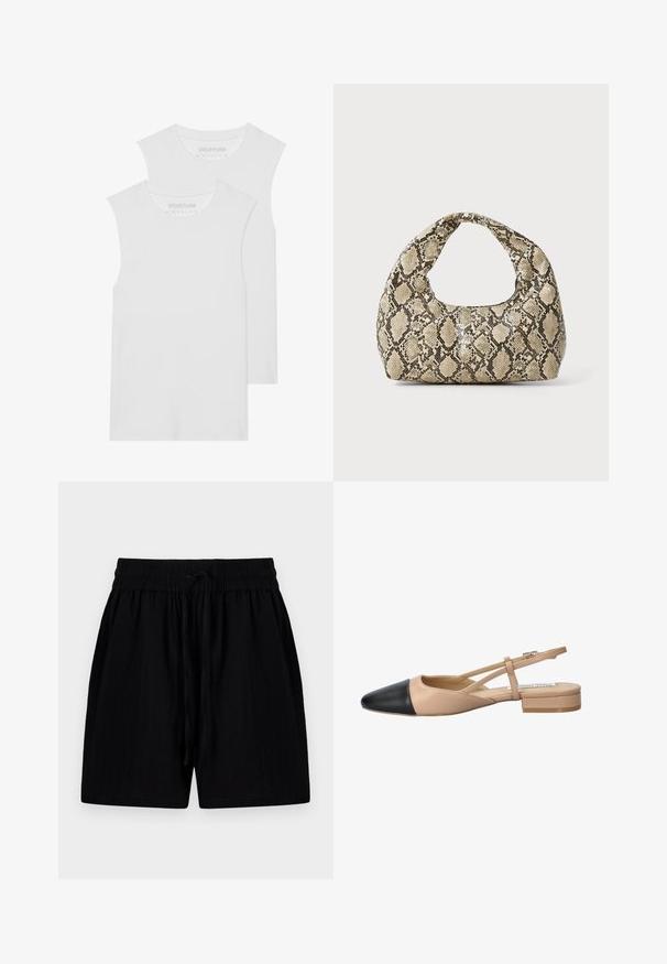 Two white sleeveless T-shirts made of soft cotton fabric, featuring a rounded neckline and no visible patterns or hardware.; Black shorts made of lightweight fabric with a drawstring waistband, featuring side pockets and a textured surface.; Beige and black two-tone slingback shoe with a pointed toe, flat heel, and crisscross strap detail. Smooth leather texture.; Snake-print handbag with a curved handle. Made from textured, beige and brown materials, featuring a distinctive diamond pattern.