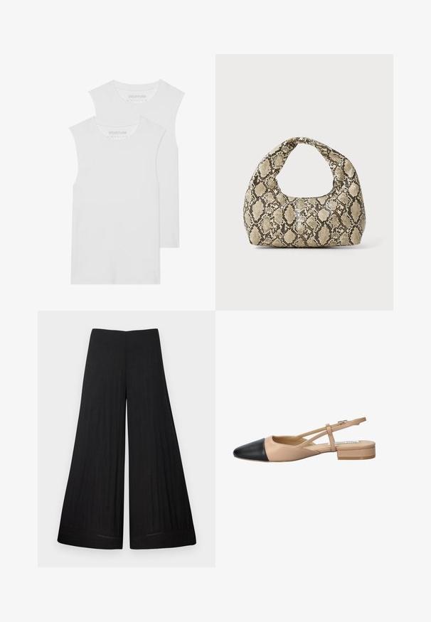 Dva bijela majice bez rukava napravljena od mekog pamučnog materijala, s okruglim izrezom i bez vidljivih uzoraka ili metalnih detalja.; Crne hlače širokih nogavica izrađene od laganog materijala. Imaju ravni pojas i lepršavi materijal, s minimalnim detaljima šivanja.; Bež i crna dvobojna slingback cipela s oštrim vrhom, ravnim potplatom i detaljem u obliku križanja traka. Glatka kožna tekstura.; Torba s uzorkom zmije s zakrivljenom drškom. Izrađena od teksturiranih materijala u bež i smešnim tonovima, sa karakterističnim dijamantnim uzorkom.