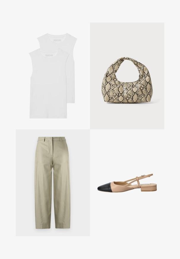 Két fehér, ujjtalan póló puha pamut anyagból, kerek nyakkivágással és látható minták vagy fémrészletek nélkül.; Beige, széles szárú nadrág sima anyagból. Ráncolások, cipzáras záródás és övhurkok találhatók rajta. Egyenes vonal a deréktól a szegélyig.; Beige és fekete, két tónusú, slingback cipő hegyes orral, lapos sarokkal és keresztbe fonott pánttal. Sima bőr textúra.; Kígyómintás kézitáska ívelt fogantyúval. Texturált, bézs és barna anyagból készült, jellegzetes gyémántmintával.
