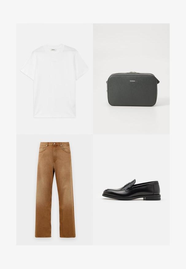 Fehér pamut póló, kerek nyakkal, rövid ujjakkal és diszkrét logóval az elején. Simma textúrájú és egyszerű dizájnú.; Barna farmer széles lábú farmernadrág magas derékkal, két elülső zsebbel, gombos záródással és diszkrét textúrával. Nincsenek látható minták vagy kiegészítők.; Fekete bőr loaferek sima textúrával, kerek orral és dekoratív pánttal a vampnál. Alacsony, rétegelt sarkú, minimalista dizájn.; Fekete textúrájú, téglalap alakú keresztbody táska ezüst színű dupla cipzárral és a fronton középen elhelyezett kis "Sandro" logóval.