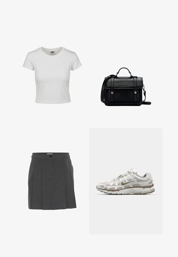 Biała bawełniana koszulka z klasycznym okrągłym dekoltem, krótkimi rękawami i dopasowanym krojem. Brak widocznych wzorów lub akcentów.; Szara plisowana spódnica z paskiem w talii, z przodu zapinana na guziki. Wykonana z teksturowanej tkaniny, zaprojektowana z myślą o dopasowanym kroju.; Białe buty sportowe z siateczkową cholewką, jasnobrązowymi akcentami i wyściełaną podeszwą. Posiadają zapięcie na sznurowadła oraz napis po boku.; Czarna skórzana torebka na ramię o wyraźnej strukturze, z górnym uchwytem, regulowanym paskiem, przednią klapą i metalowymi akcentami. Posiada logo na przodzie.