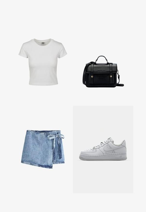 Hvid bomulds t-shirt med klassisk rund hals, korte ærmer og tætsiddende pasform. Ingen mønstre eller accenter synlige.; Denim omslagsskjørt i lyseblå, med en bindefunktion. Stoffet har en tekstureret overflade og et råt kant med kontrasterende syninger.; Hvid lædersneaker med lavt design, rund tå, perforerede detaljer og en tekstureret gummisål. Har grå accenter på tungen.; Sort læder crossover taske med struktureret design, topgreb, justerbar rem, frontklap og metalaccenter. Har branding på fronten.