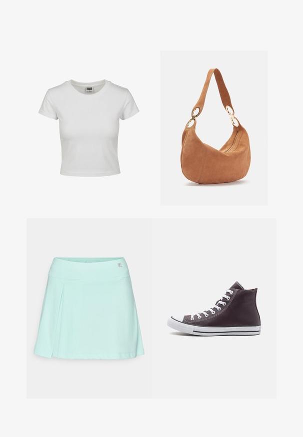 Valkoinen puuvillapaita, jossa on klassinen pyöreä kaula-aukko, lyhyet hihat ja kiinteä malli. Ei näkyviä kuvioita tai yksityiskohtia.; Lyhyt hame mintunvihreästä pehmeästä kankaasta, jossa on tiukka vyötärö ja laskostettu muotoilu. Vyötäröllä on huomaamaton logotunnus.; Tumma violetti nahkainen korkea lenkkari, jossa on valkoinen kuminen kärki, valkoiset nauhat ja mustat yksityiskohdat pohjassa ja sivuilla.; Zign LEATHER - Käsilaukku - cognac