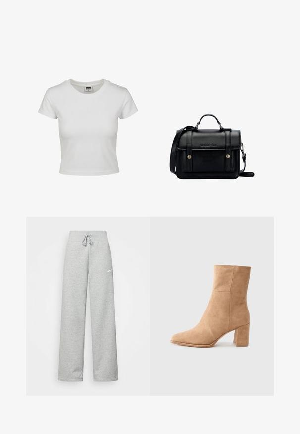 Camiseta de algodón blanca con cuello redondo clásico, mangas cortas y forma ajustada. Sin patrones ni acentos visibles.; Pantalones de chándal grises con cintura elástica, detalle de cordón y un pequeño logo blanco de Nike en el muslo izquierdo. Tejido suave, de corte holgado.; Botín de ante beige hasta el tobillo con punta afilada, tacón cuadrado y textura suave. Presenta un minimalismo en las costuras para un diseño limpio.; Bolso de hombro de cuero negro con un diseño estructurado, asa superior, correa ajustable, tapa frontal y acentos metálicos. Presenta la marca en la parte delantera.