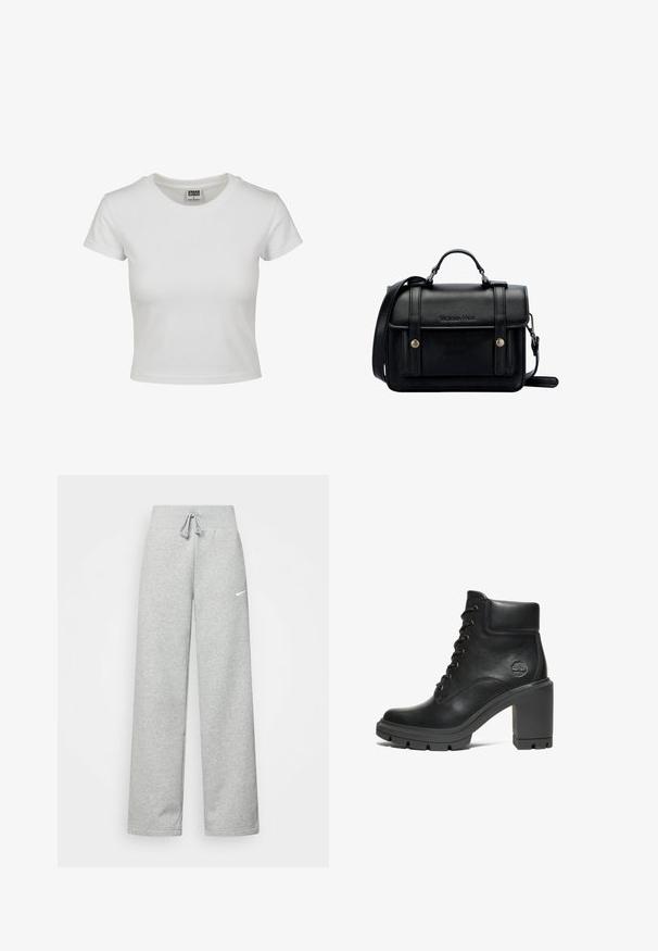 Biała bawełniana koszulka z klasycznym okrągłym dekoltem, krótkimi rękawami i dopasowanym krojem. Brak widocznych wzorów lub akcentów.; Szare dresy z elastycznym pasem, szczegóły ze sznurkiem i małym białym logo Nike na lewej udzie. Miękka tkanina, luźny krój.; Czarne skórzane botki za kostkę z masywnym obcasem, sznurowanym wzorem i teksturowaną gumową podeszwą; posiadają małe wytłoczone logo z boku.; Czarna skórzana torebka na ramię o wyraźnej strukturze, z górnym uchwytem, regulowanym paskiem, przednią klapą i metalowymi akcentami. Posiada logo na przodzie.
