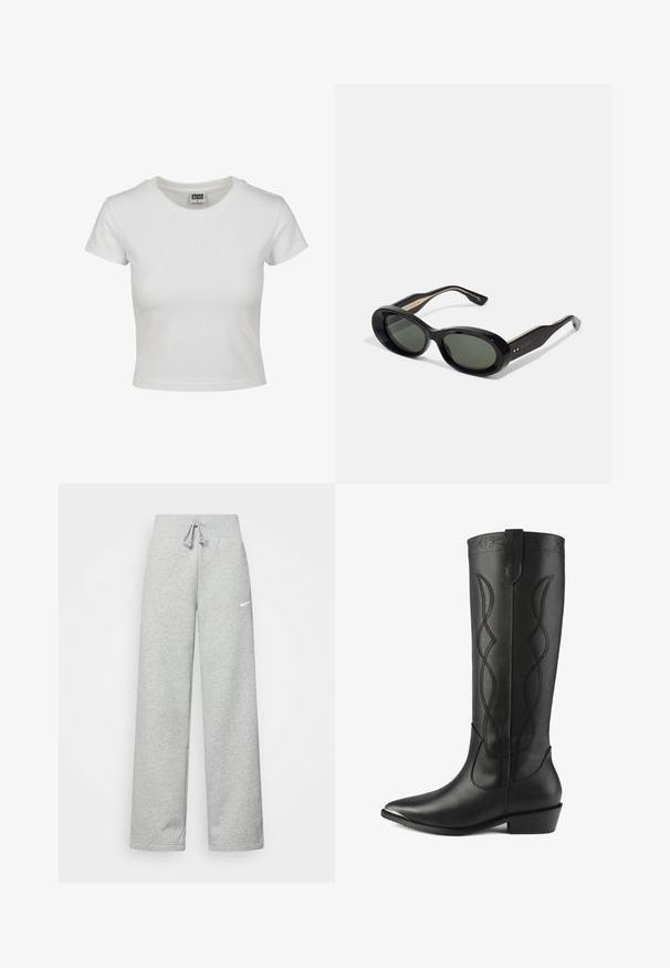 Weißes Baumwoll-T-Shirt mit klassischem Rundhalsausschnitt, kurzen Ärmeln und slim-fit Schnitt. Keine Muster oder Akzente sichtbar.; Graue Jogginghose mit elastischem Bund, Kordelzug und kleinem weißen Nike-Logo am linken Oberschenkel. Weicher Stoff, locker sitzend.; Hohe schwarze Lederstiefel verfügen über eine spitze Zehenpartie, einen Blockabsatz und dekorative Nähte mit sich windenden Linien entlang des Schafts.; Schwarze ovale Sonnenbrillen mit dunkelgrünen Gläsern, eleganten Kunststoffrahmen und goldener Markenkennzeichnung an den Schläfen. Minimalistisches Design mit glatter Oberfläche.