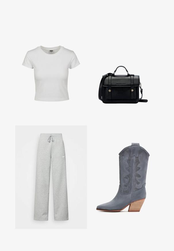 Biała bawełniana koszulka z klasycznym okrągłym dekoltem, krótkimi rękawami i dopasowanym krojem. Brak widocznych wzorów lub akcentów.; Szare dresy z elastycznym pasem, szczegóły ze sznurkiem i małym białym logo Nike na lewej udzie. Miękka tkanina, luźny krój.; Szare zamszowe kowbojki z czubkiem w kształcie stożka, perforowanym wzorem i drewnianym obcasem. Posiadają dekoracyjną falbanę na górze.; Czarna skórzana torebka na ramię o wyraźnej strukturze, z górnym uchwytem, regulowanym paskiem, przednią klapą i metalowymi akcentami. Posiada logo na przodzie.