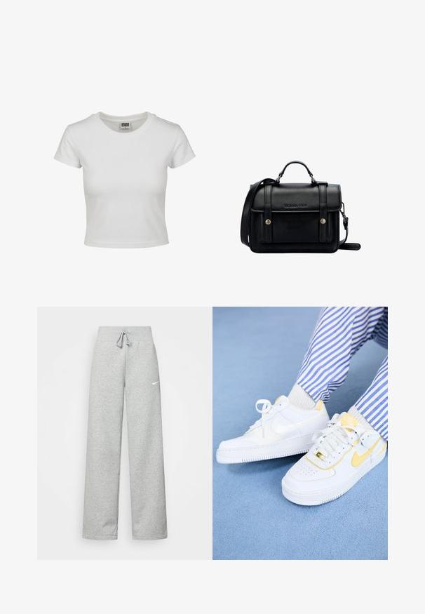 Biała bawełniana koszulka z klasycznym okrągłym dekoltem, krótkimi rękawami i dopasowanym krojem. Brak widocznych wzorów lub akcentów.; Szare dresy z elastycznym pasem, szczegóły ze sznurkiem i małym białym logo Nike na lewej udzie. Miękka tkanina, luźny krój.; Białe sneakersy Nike Air Force 1 z żółtymi akcentami i perforowanym czubkiem, zestawione z niebiesko-białymi spodniami w paski. Teksturowane niebieskie tło.; Czarna skórzana torebka na ramię o wyraźnej strukturze, z górnym uchwytem, regulowanym paskiem, przednią klapą i metalowymi akcentami. Posiada logo na przodzie.