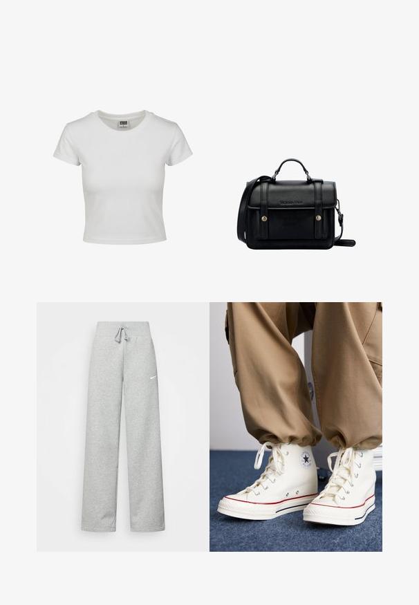 White cotton t-shirt with a classic crew neck, short sleeves, and a fitted shape. No patterns or accents visible.; Gray sweatpants with an elastic waistband, drawstring detail, and a small white Nike logo on the left thigh. Soft fabric, loose fitting.; White high-top sneakers made of canvas with a rubber sole, featuring a black star logo and red and navy stripe accents.; Black leather crossbody bag with a structured design, top handle, adjustable strap, front flap, and metal accents. Features branding on the front.