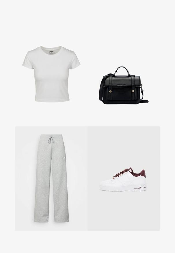 Valkoinen puuvillapaita, jossa on klassinen pyöreä kaula-aukko, lyhyet hihat ja kiinteä malli. Ei näkyviä kuvioita tai yksityiskohtia.; Harmaat verkkarit, joissa on elastinen vyötärö, nauhaverhoilu ja pieni valkoinen Nike-logo vasemmassa reidessä. Pehmeä kangas, löysä istuvuus.; Valkoiset nahkaiset tennarit tummanpunaisilla yksityiskohdilla, jossa on pyöreät nauhat, pehmustettu kaulus ja karheata kumipohjaa. "AIR" painettuna sivulle.; Musta nahkainen olkalaukku, jossa on rakenteellinen muotoilu, ylhäältä kantohihna, säädettävä olkahihna, etulevy ja metallikoristeet. Edessä brändäys.