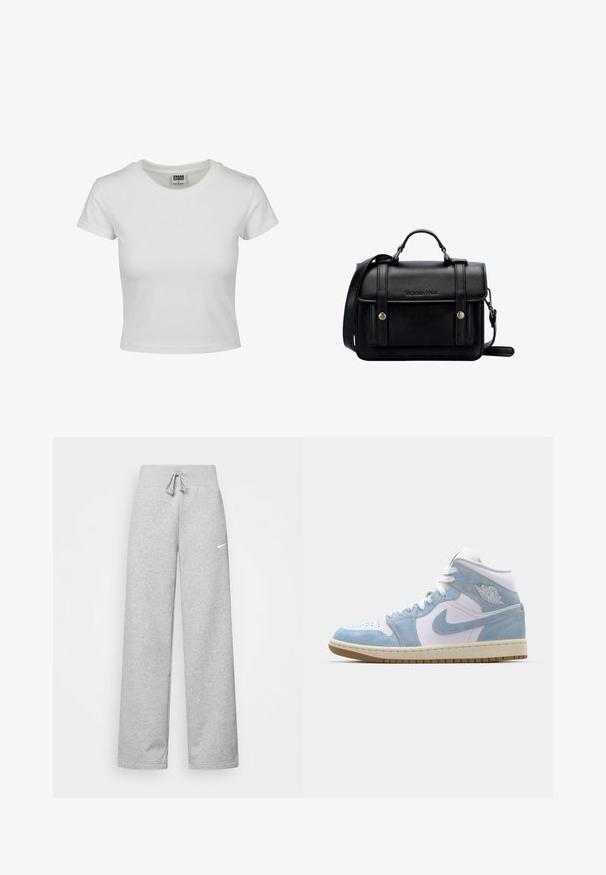 Bjela pamučna majica s klasičnim okruglim izrezom, kratkim rukavima i prilagođenim oblikom. Nema vidljivih uzoraka ili akcenta.; Sive trenirke s elastičnim pojasom, detaljem za vezanje, i malim bijelim Nike logom na lijevom bedru. Mekana tkanina, širokog kroja.; Jordan AIR JORDAN 1 MID SE - Visoke tenisice - white/worn blue/sail/light brown; Crna kožna torba preko tijela sa strukturiranim dizajnom, gornjom ručkom, podesivim remenom, prednjim poklopcem i metalnim detaljima. Sadrži brendiranje sprijeda.