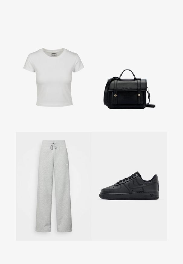 Vit bomullströja med klassisk rund hals, korta ärmar och en åtsittande passform. Inga mönster eller detaljer synliga.; Grå sweatpants med resårmidja, snörningsdetalj och en liten vit Nike-logotyp på vänster lår. Mjukt tyg, lös passform.; Svarta lädersneakers med perforerat tånät, platta snöre och gummisula. Har en liten logotyp på sidan och texturerad detaljering.; Svart läder tvärs över kroppen väska med en strukturerad design, handtag i toppen, justerbar rem, framflik och metallaccenter. Har varumärke på framsidan.