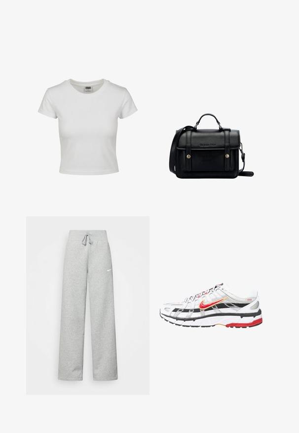 Valkoinen puuvillapaita, jossa on klassinen pyöreä kaula-aukko, lyhyet hihat ja kiinteä malli. Ei näkyviä kuvioita tai yksityiskohtia.; Harmaat verkkarit, joissa on elastinen vyötärö, nauhaverhoilu ja pieni valkoinen Nike-logo vasemmassa reidessä. Pehmeä kangas, löysä istuvuus.; Valkoiset ja mustat urheilukengät, joissa on punaisia ja kultaisia yksityiskohtia. Ominaisuuksia ovat verkkokangas päällinen, pehmustettu pohja ja turvallinen nauhoitusdesign.; Musta nahkainen olkalaukku, jossa on rakenteellinen muotoilu, ylhäältä kantohihna, säädettävä olkahihna, etulevy ja metallikoristeet. Edessä brändäys.