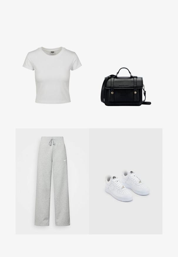 Witte katoenen t-shirt met een klassieke ronde hals, korte mouwen en een getailleerde vorm. Geen patronen of accenten zichtbaar.; Grijze sweatpants met een elastische tailleband, een trekkoord-detail en een klein wit Nike-logo op de linkerdij. Zachte stof, losvallend.; Witte Nike Air Force 1 sneakers met een glad leren bovenwerk, geperforeerde teenbox, witte veters en zwarte branding op de tong.; Zwarte leren schoudertas met een gestructureerd ontwerp, handvat bovenaan, verstelbare schouderband, voorklep en metalen accenten. Voorzien van branding aan de voorkant.
