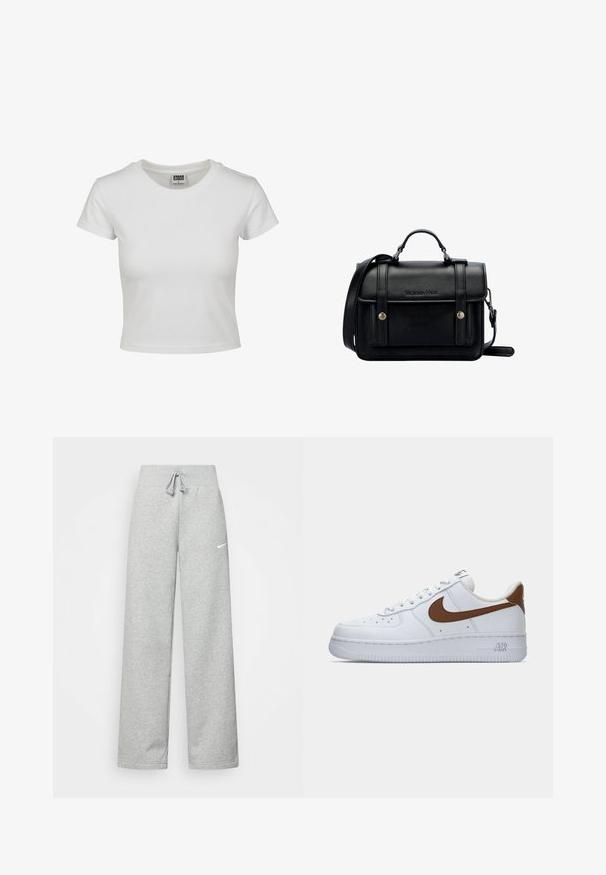 Bjela pamučna majica s klasičnim okruglim izrezom, kratkim rukavima i prilagođenim oblikom. Nema vidljivih uzoraka ili akcenta.; Sive trenirke s elastičnim pojasom, detaljem za vezanje, i malim bijelim Nike logom na lijevom bedru. Mekana tkanina, širokog kroja.; Bijela Nike Air Force 1 tenisica s smešnim swooshom i petnim trakama u smešnoj boji, prikazana sa vanjske strane na jednostavnoj bijeloj pozadini.; Crna kožna torba preko tijela sa strukturiranim dizajnom, gornjom ručkom, podesivim remenom, prednjim poklopcem i metalnim detaljima. Sadrži brendiranje sprijeda.