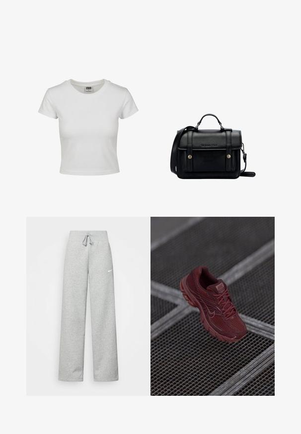 Bjela pamučna majica s klasičnim okruglim izrezom, kratkim rukavima i prilagođenim oblikom. Nema vidljivih uzoraka ili akcenta.; Sive trenirke s elastičnim pojasom, detaljem za vezanje, i malim bijelim Nike logom na lijevom bedru. Mekana tkanina, širokog kroja.; Crvena Nike trkačka cipela s mrežastim gornjim dijelom, teksturiranim detaljima, podstavljenim ovratnikom i debelim potplatom, postavljena iznad rešetkaste površine.; Crna kožna torba preko tijela sa strukturiranim dizajnom, gornjom ručkom, podesivim remenom, prednjim poklopcem i metalnim detaljima. Sadrži brendiranje sprijeda.
