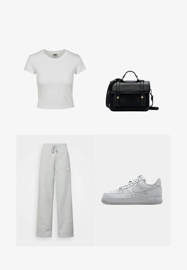 Biała bawełniana koszulka z klasycznym okrągłym dekoltem, krótkimi rękawami i dopasowanym krojem. Brak widocznych wzorów lub akcentów.; Szare dresy z elastycznym pasem, szczegóły ze sznurkiem i małym białym logo Nike na lewej udzie. Miękka tkanina, luźny krój.; Białe skórzane sneakersy o niskim kroju, okrągłym nosku, perforowanymi detalami i teksturowaną gumową podeszwą. Wyróżniają się szarymi akcentami na języku.; Czarna skórzana torebka na ramię o wyraźnej strukturze, z górnym uchwytem, regulowanym paskiem, przednią klapą i metalowymi akcentami. Posiada logo na przodzie.
