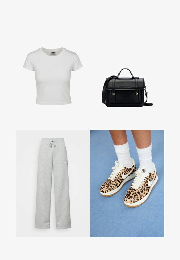 Vit bomullströja med klassisk rund hals, korta ärmar och en åtsittande passform. Inga mönster eller detaljer synliga.; Grå sweatpants med resårmidja, snörningsdetalj och en liten vit Nike-logotyp på vänster lår. Mjukt tyg, lös passform.; Nike Air Force 1-sneakers med leopardmönster, vita snören och swoosh, med en beige gummisula och texturerad ovansida. Vita herrstrumpor synliga.; Svart läder tvärs över kroppen väska med en strukturerad design, handtag i toppen, justerbar rem, framflik och metallaccenter. Har varumärke på framsidan.