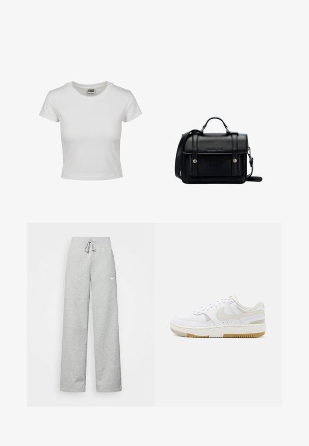 Camiseta de algodón blanca con cuello redondo clásico, mangas cortas y forma ajustada. Sin patrones ni acentos visibles.; Pantalones de chándal grises con cintura elástica, detalle de cordón y un pequeño logo blanco de Nike en el muslo izquierdo. Tejido suave, de corte holgado.; Zapatillas blancas con parte superior de cuero suave, acentos en beige claro, detalles perforados y suela de goma marrón. Diseño minimalista.; Bolso de hombro de cuero negro con un diseño estructurado, asa superior, correa ajustable, tapa frontal y acentos metálicos. Presenta la marca en la parte delantera.