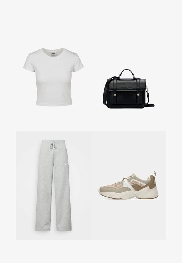 Camiseta de algodón blanca con cuello redondo clásico, mangas cortas y forma ajustada. Sin patrones ni acentos visibles.; Pantalones de chándal grises con cintura elástica, detalle de cordón y un pequeño logo blanco de Nike en el muslo izquierdo. Tejido suave, de corte holgado.; Zapatillas ligeras con parte superior de malla beige, acentos blancos y detalles texturizados en marrón claro. Suela de goma gruesa con un patrón de olas único.; Bolso de hombro de cuero negro con un diseño estructurado, asa superior, correa ajustable, tapa frontal y acentos metálicos. Presenta la marca en la parte delantera.