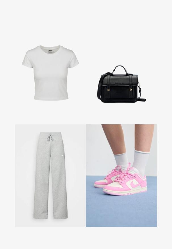 Bjela pamučna majica s klasičnim okruglim izrezom, kratkim rukavima i prilagođenim oblikom. Nema vidljivih uzoraka ili akcenta.; Sive trenirke s elastičnim pojasom, detaljem za vezanje, i malim bijelim Nike logom na lijevom bedru. Mekana tkanina, širokog kroja.; Ružičaste i bijele tenisice s kombinacijom antilopa i mrežastih materijala, s okruglim vezicama, bočnim logom i podstavljenim potplatom. Teksturirani ružičasti detalji.; Crna kožna torba preko tijela sa strukturiranim dizajnom, gornjom ručkom, podesivim remenom, prednjim poklopcem i metalnim detaljima. Sadrži brendiranje sprijeda.