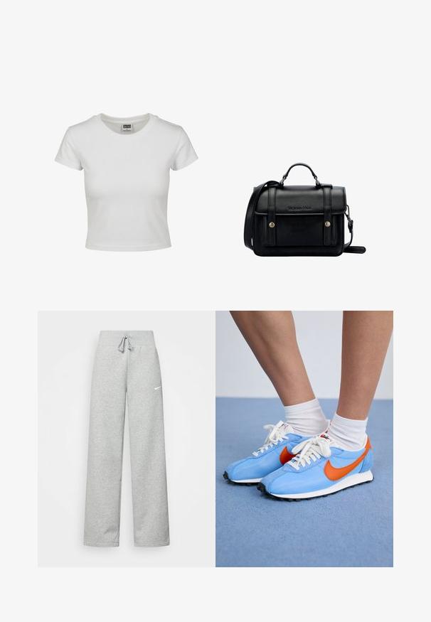 Bílý bavlněný tričko s klasickým kulatým výstřihem, krátkými rukávy a přiléhavým střihem. Žádné vzory ani akcenty nejsou viditelné.; Šedé tepláky s elastickým pasem, detaily se šňůrkou a malým bílým logem Nike na levém stehně. Měkká tkanina, volný střih.; Modré síťované a semišové tenisky s oranžovými akcenty a bílými tkaničkami. Černá gumová podrážka. Nanoné s bílými ponožkami do půli lýtek na modrém povrchu.; Černá kožená kabelka přes rameno se strukturovaným designem, vrchní rukojetí, nastavitelným popruhem, přední klopou a kovovými akcenty. Na přední straně obsahuje logo.